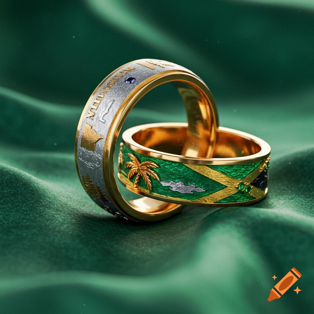 Two gold rings, one featuring the Jamaican flag with a palm tree, the other featuring a map of Minnesota with 'MINNESOTA' text, on a green fabric surface.