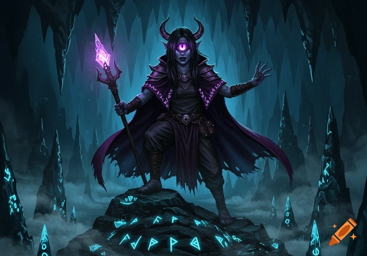 A cyclops witch with purple glowing eye and horns stands in a dark, misty cave, holding a glowing staff. Fantasy art.