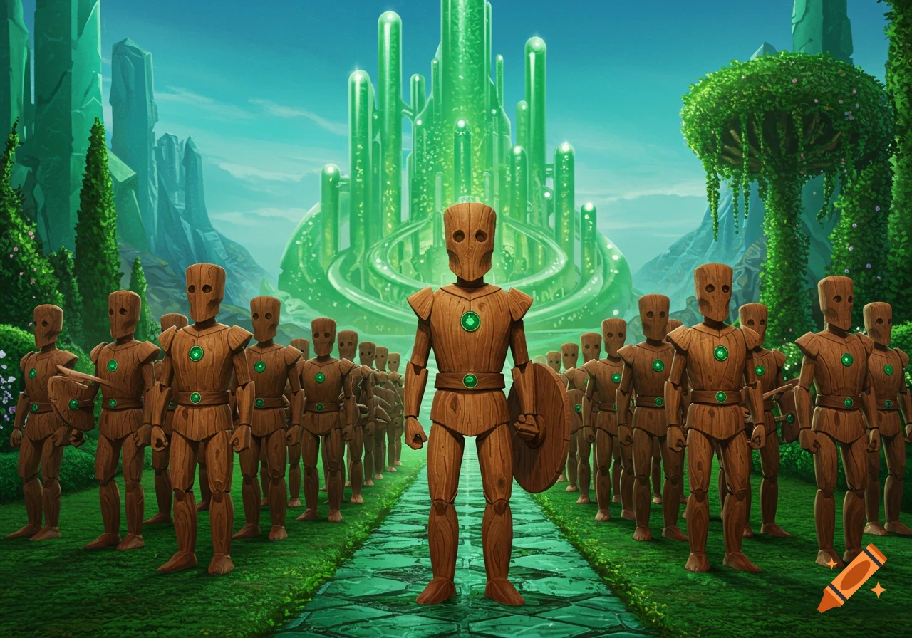 Wooden soldiers stand on a green path leading to a glowing green city under a blue sky, in a fantasy art style.