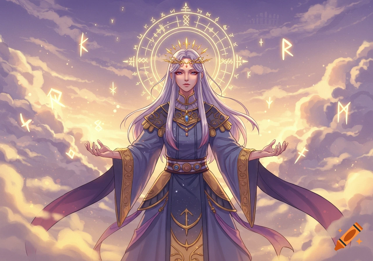 An anime-style female character with long white hair in priest-like attire, standing in a cloudy sky with glowing runes and a golden halo.