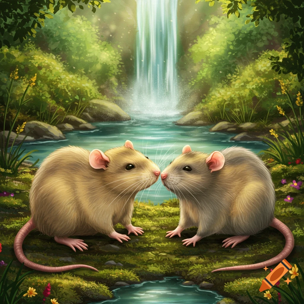 Two cute rats touching noses by a waterfall in a lush, green forest.