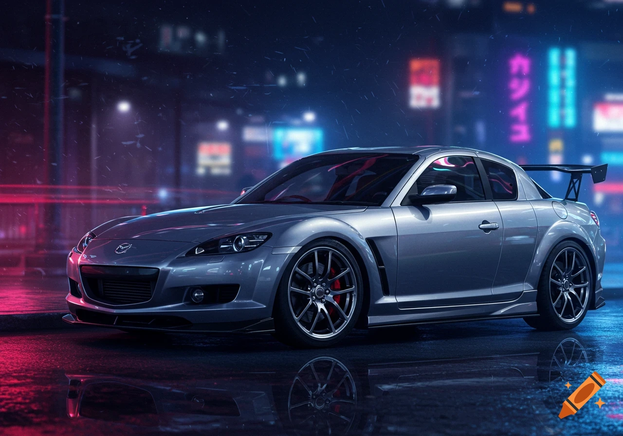 A photorealistic grey Mazda RX-8 is parked on a wet city street at night, illuminated by vibrant red and blue neon lights.
