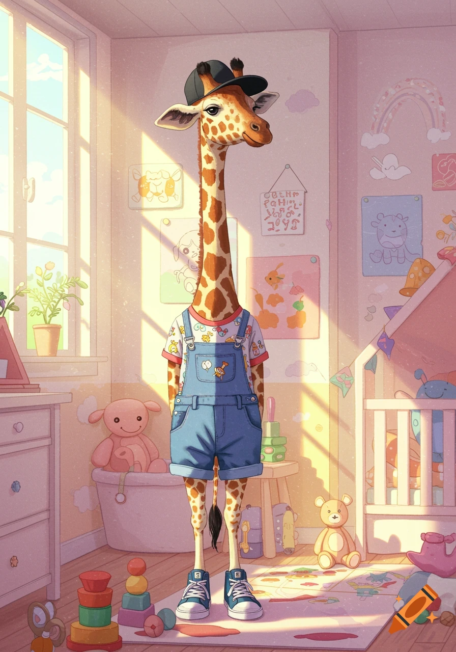 A cartoon giraffe wearing a t-shirt, overalls, shorts, and a black baseball cap stands in a child's nursery with toys and a crib.