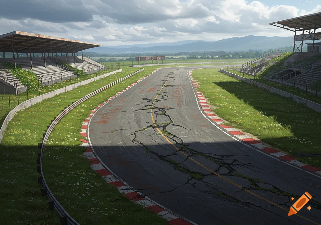 An abandoned and overgrown race track with crumbling asphalt and dilapidated grandstands under a cloudy sky.