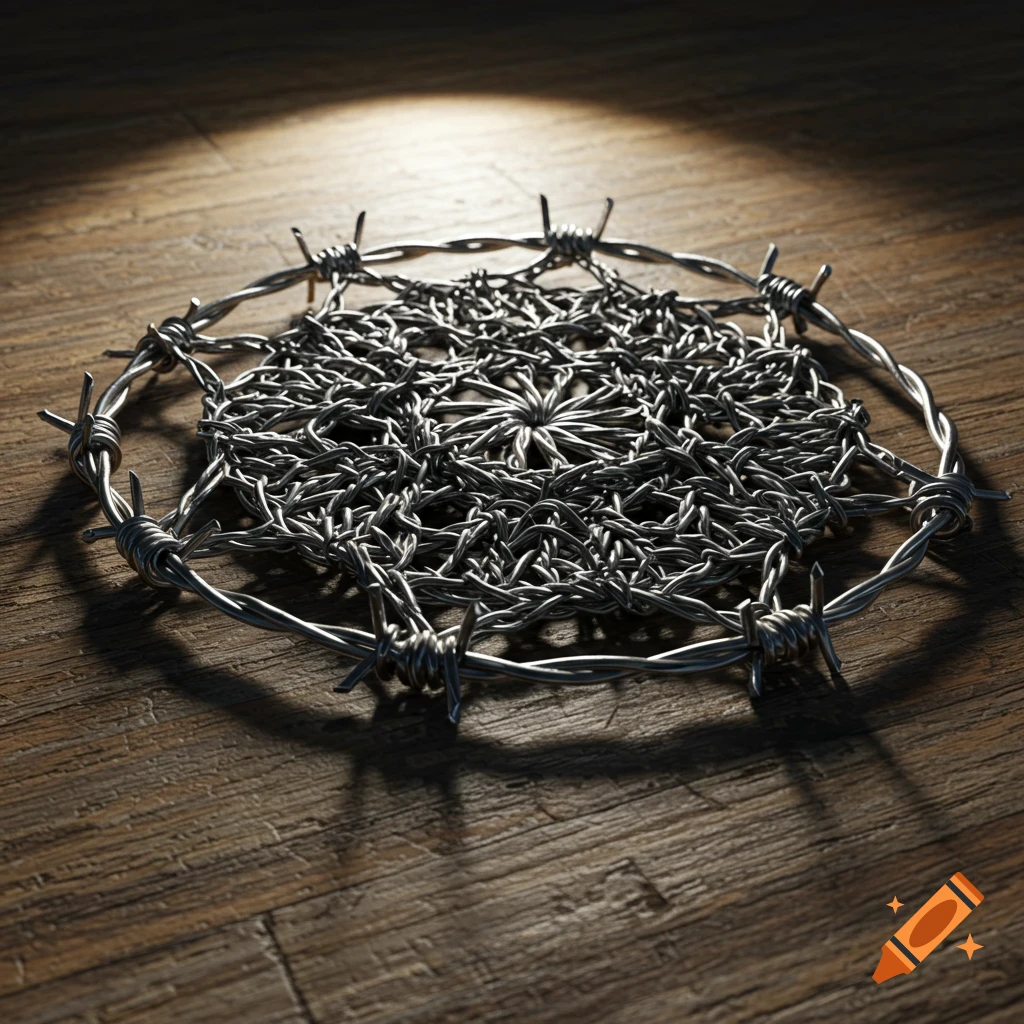 A circular coaster made of barbed wire sits on a dark wooden surface, lit by a spotlight.