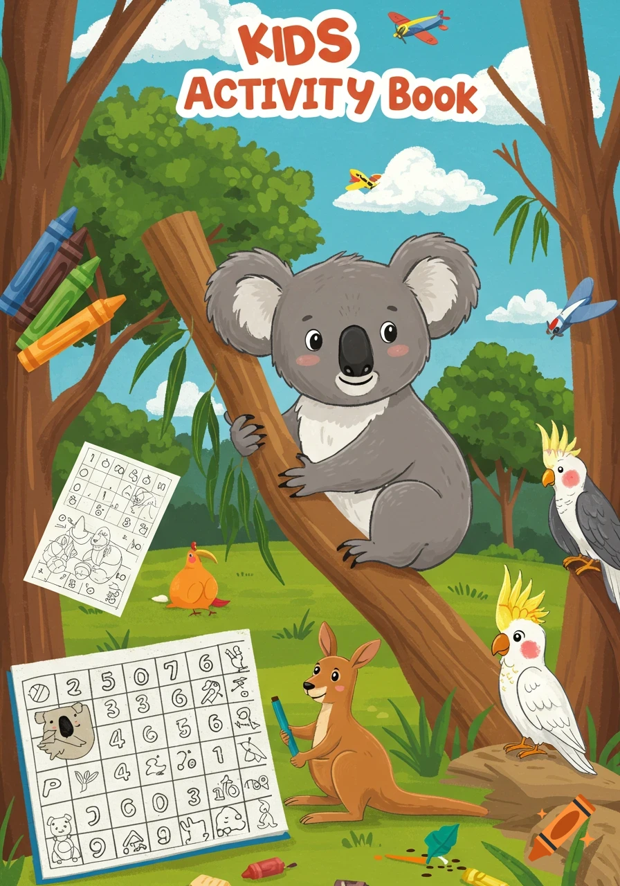 Cartoon cover of a kids activity book with a koala, kangaroo, cockatoos, activity sheets, and planes in a forest.