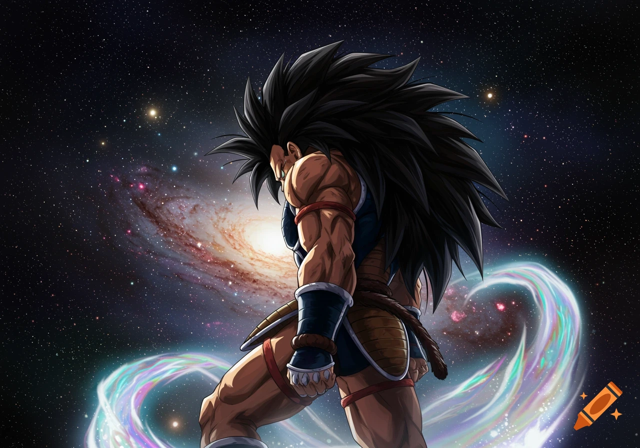 An anime character, Raditz from Dragon Ball, with long spiky black hair and muscular build, poses in space with a galaxy and colorful energy trail behind him.