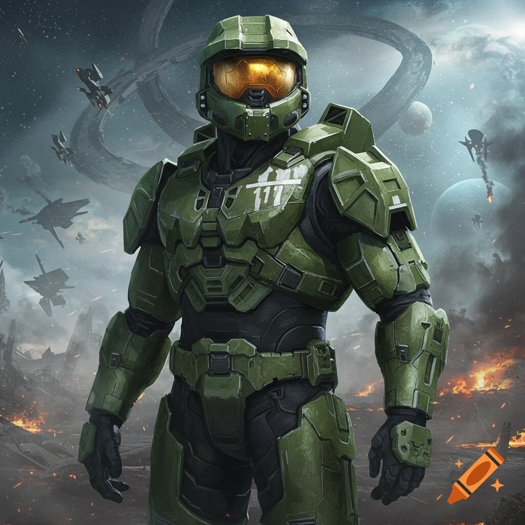 Master Chief in green armor stands on a war-torn planet with spaceships and a Halo ring in the cloudy sky.