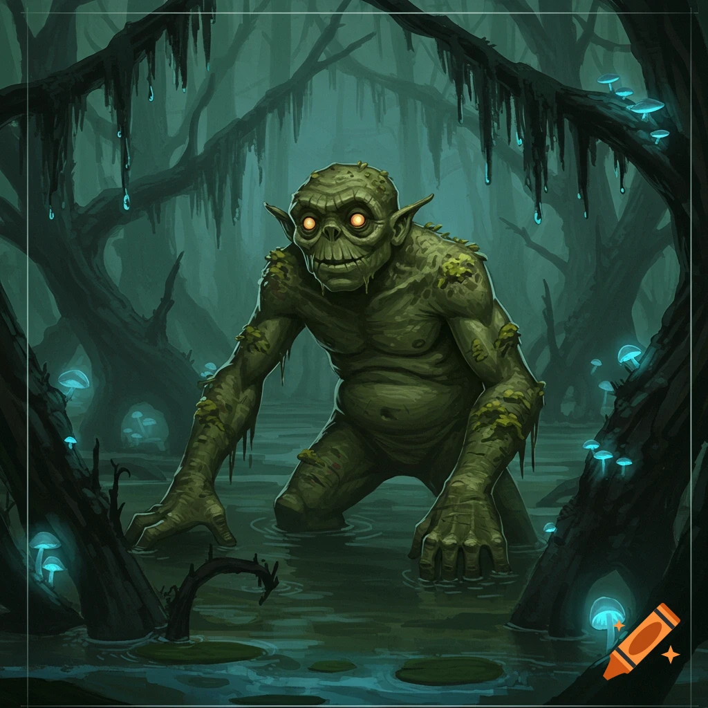 A green, moss-covered goblin-like creature with glowing orange eyes in a dark, murky swamp with glowing blue mushrooms.