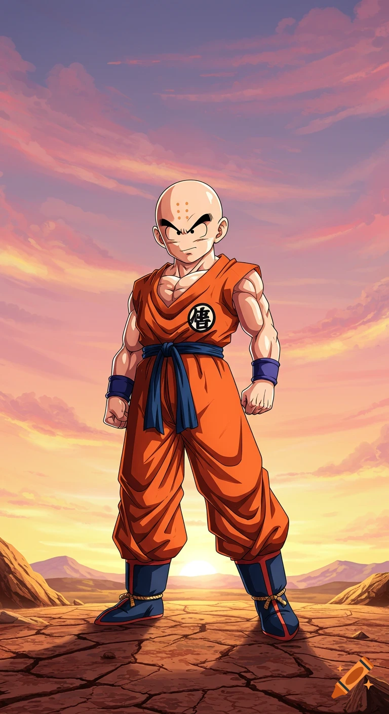 Anime style illustration of Krillin standing confidently in a cracked desert landscape at sunset.