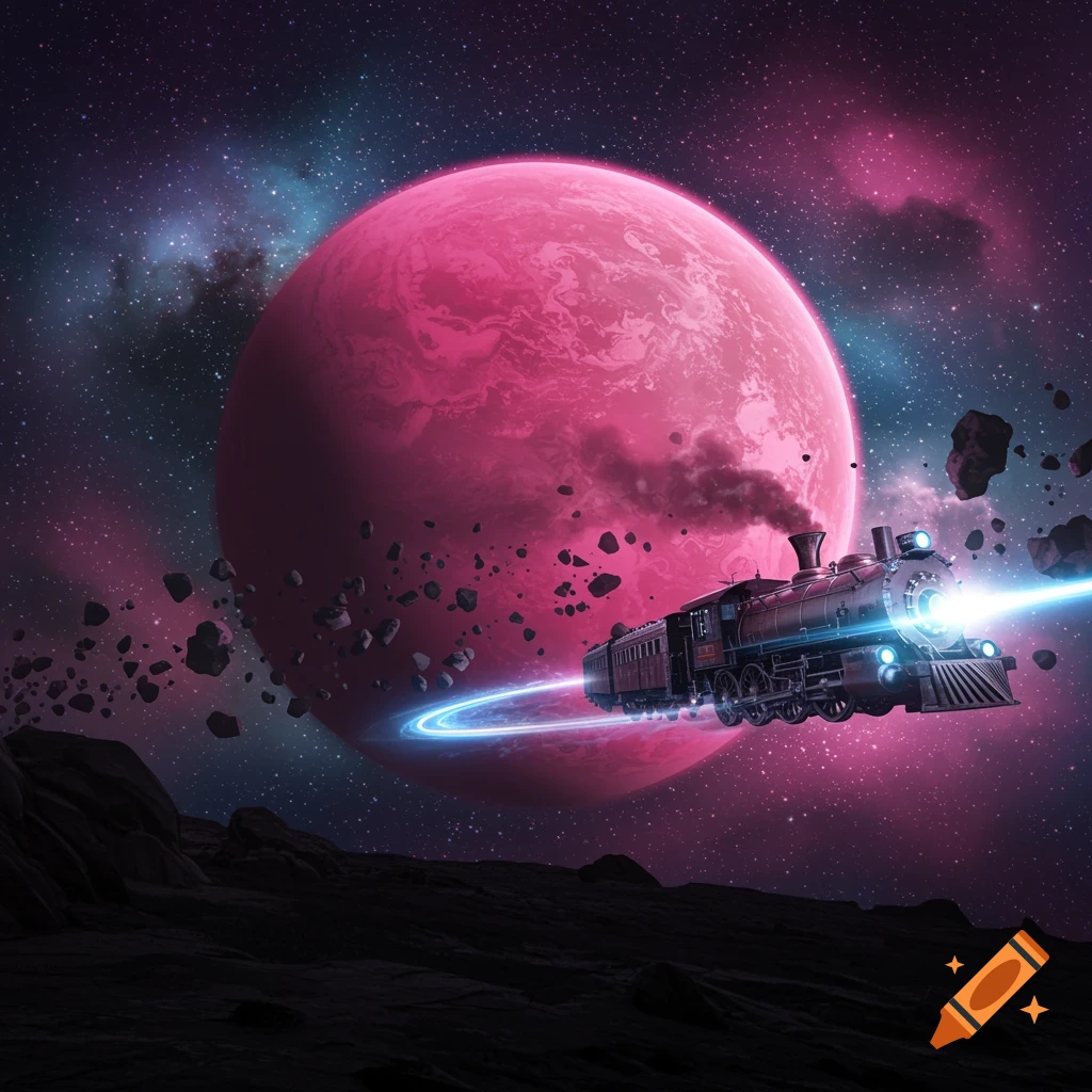 A steam train flying through space with a bright light, leaving an asteroid field behind a large pink planet and starry nebula.