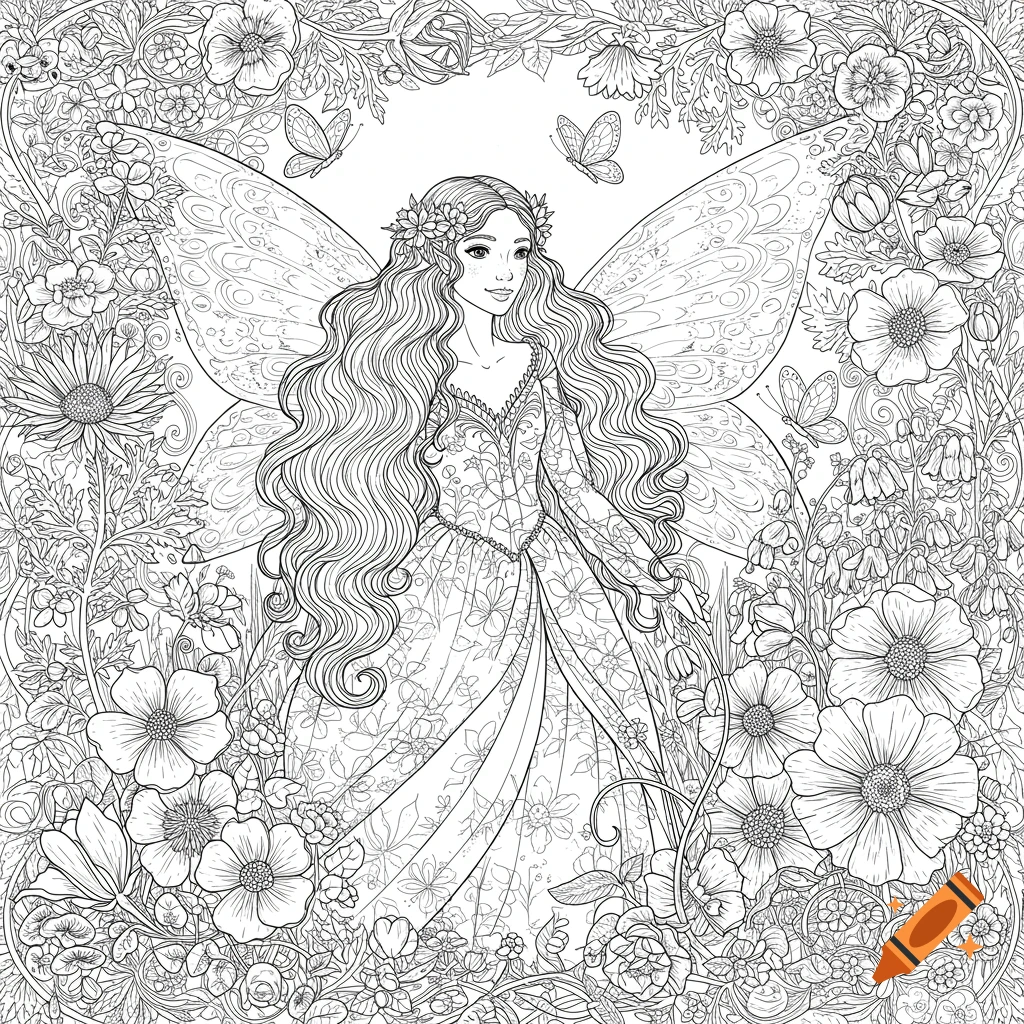 Black and white coloring page of a smiling fairy princess with long wavy hair, surrounded by intricate flowers and butterflies.