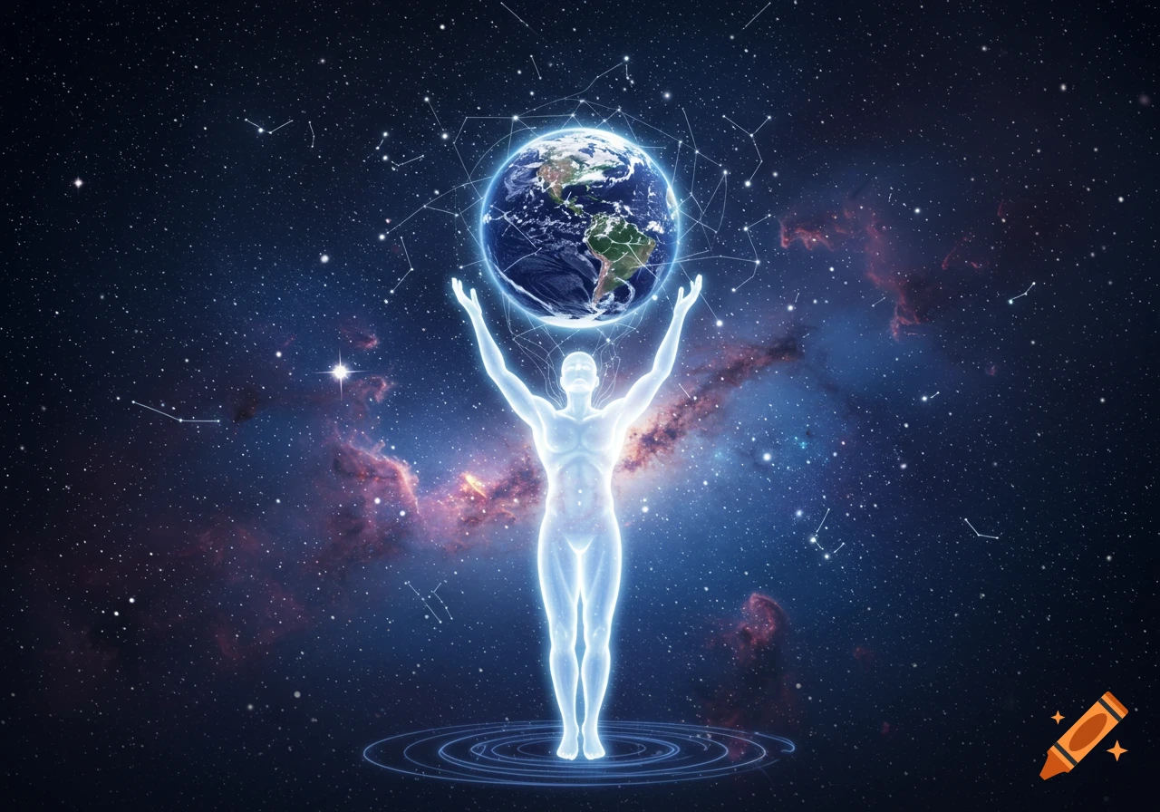 Glowing ethereal human figure holding Earth in a starry cosmos with nebulae and constellations.