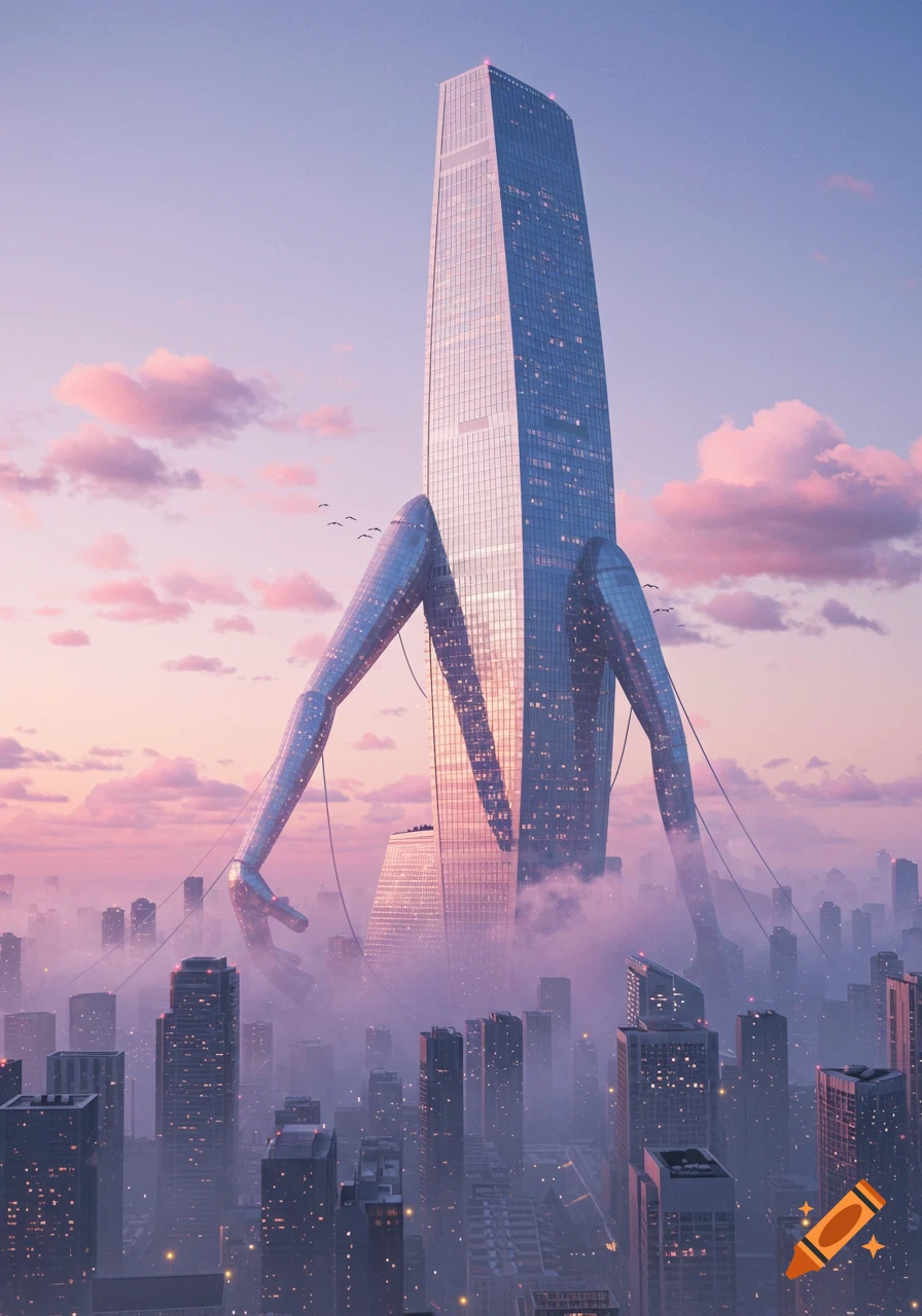 A surreal, photorealistic image of a tall skyscraper with metallic legs looming over a foggy city at sunset under a pink and purple sky.