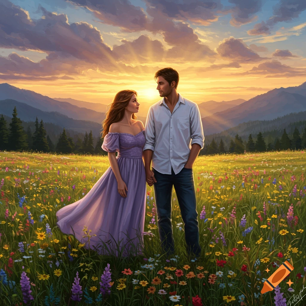 A man and woman hold hands in a field of colorful wildflowers at sunset, with mountains and sun rays in the background. Digital painting.