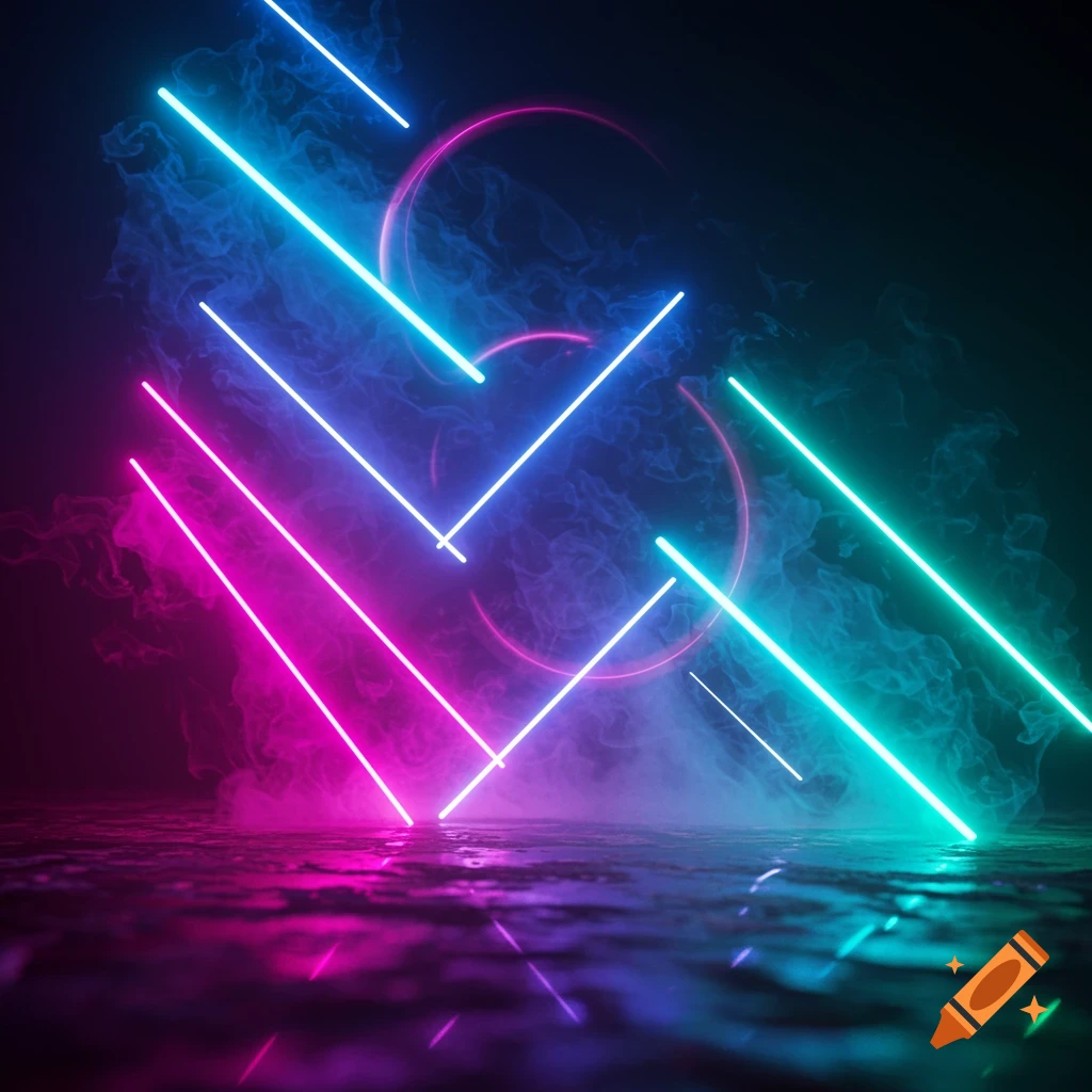 Vibrant neon lights in blue, pink, and green creating abstract patterns, reflecting on a wet surface with smoke.