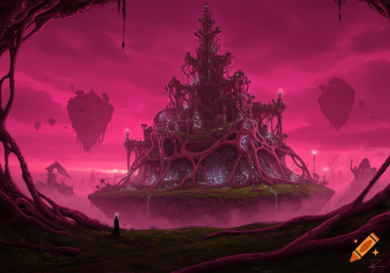 A large bio-organic temple on a levitating island under a vibrant magenta sky with other floating islands. A figure stands below.