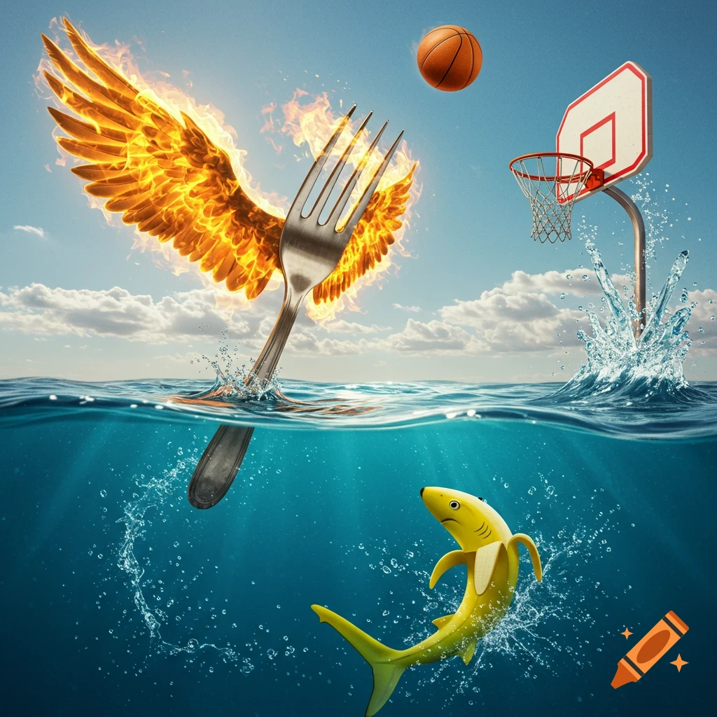 A surreal image of a fiery-winged fork "dunking" a basketball into a hoop in the ocean, with a banana shark jumping out of the water.