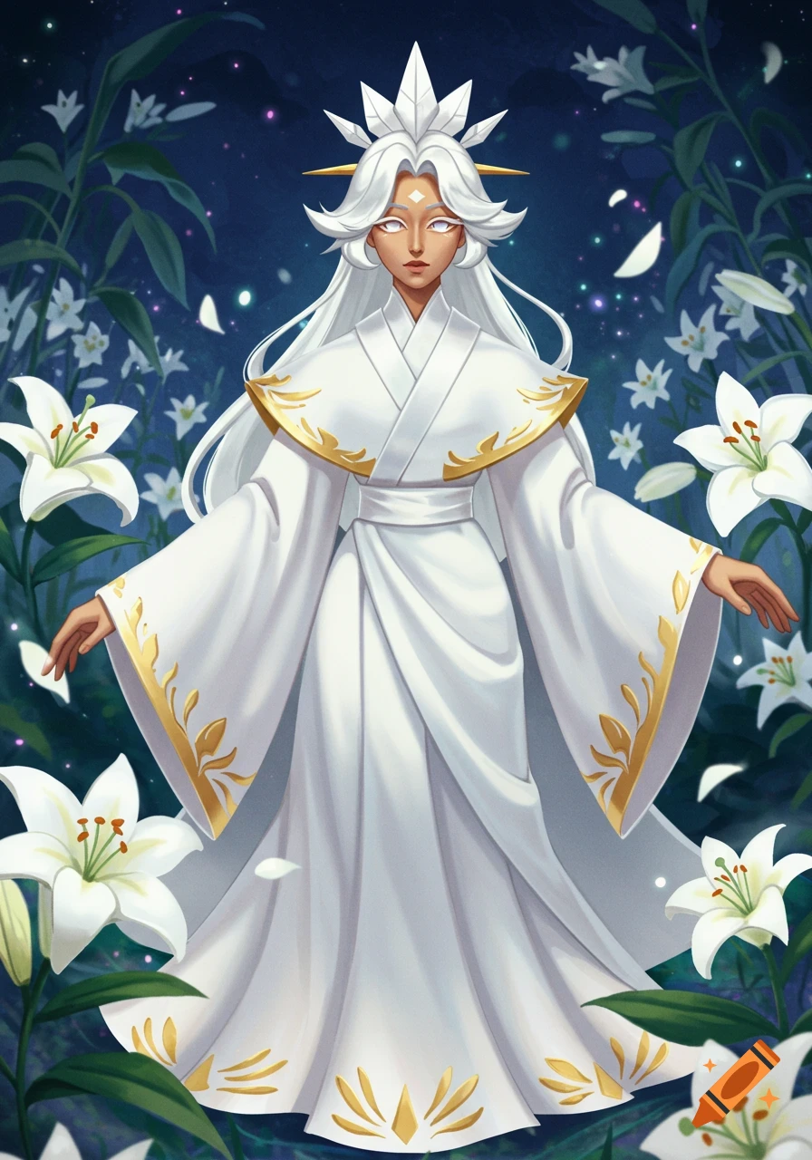 A white-haired character in a white, gold-trimmed robe stands among white lilies under a dark, sparkling sky.