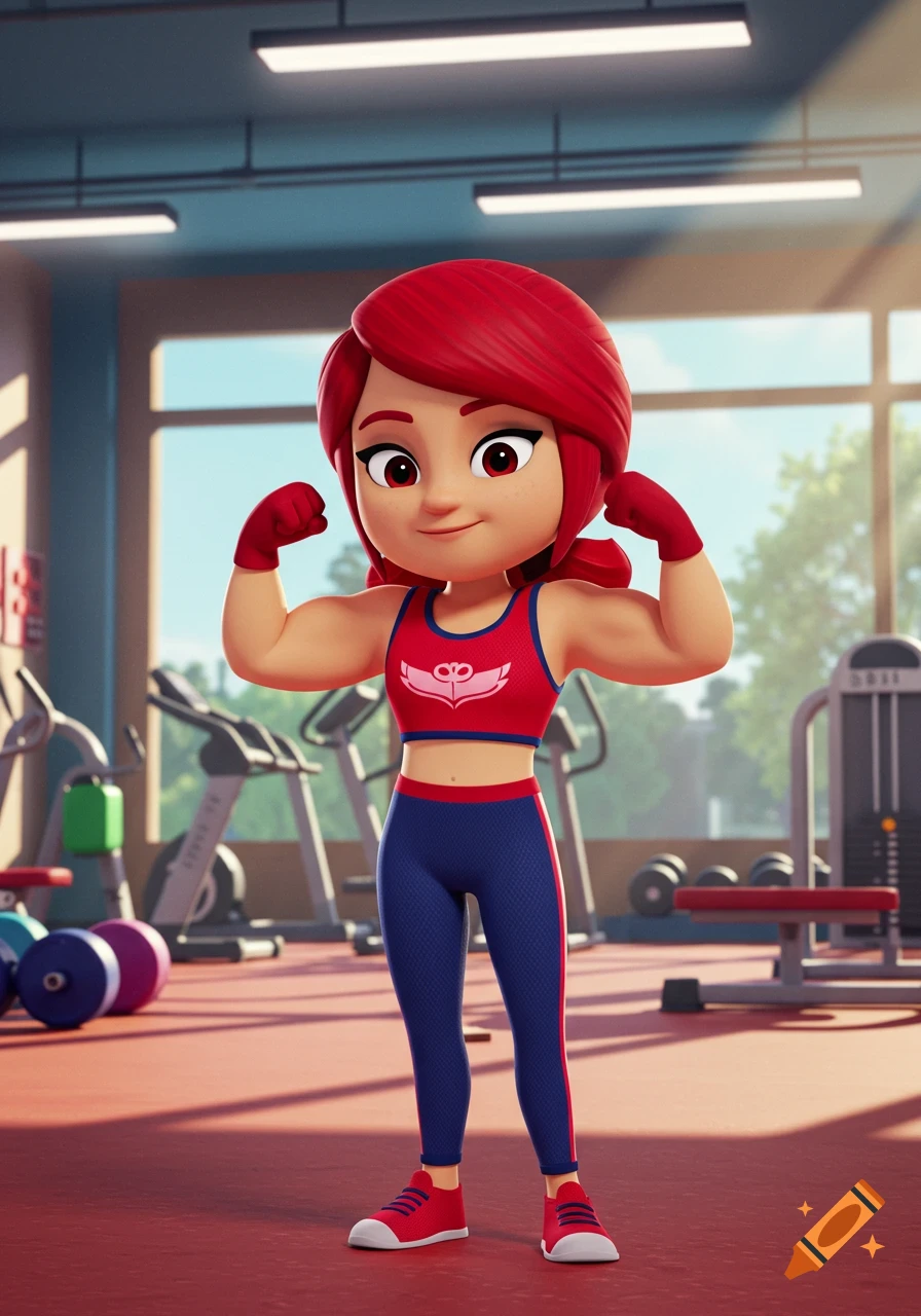 Cartoon woman with red hair flexing muscles in a gym.
