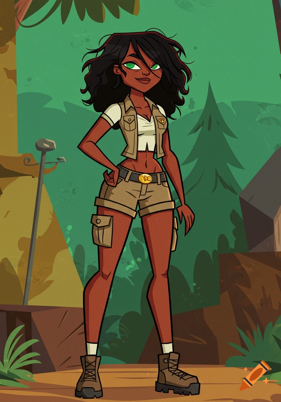 An animated woman in the Total Drama Island style, with dark skin, green eyes, and black curly hair, wearing a white crop top, tan vest, cargo shorts, and hiking boots in a jungle setting.