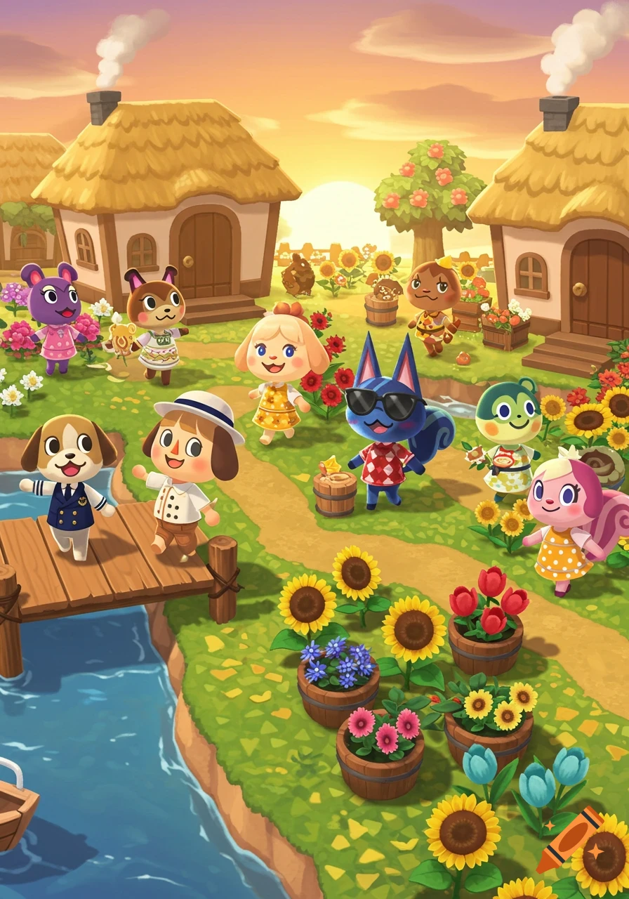 Animal Crossing villagers including Isabelle in a sunny village scene with houses, sunflowers, and a bridge over water.