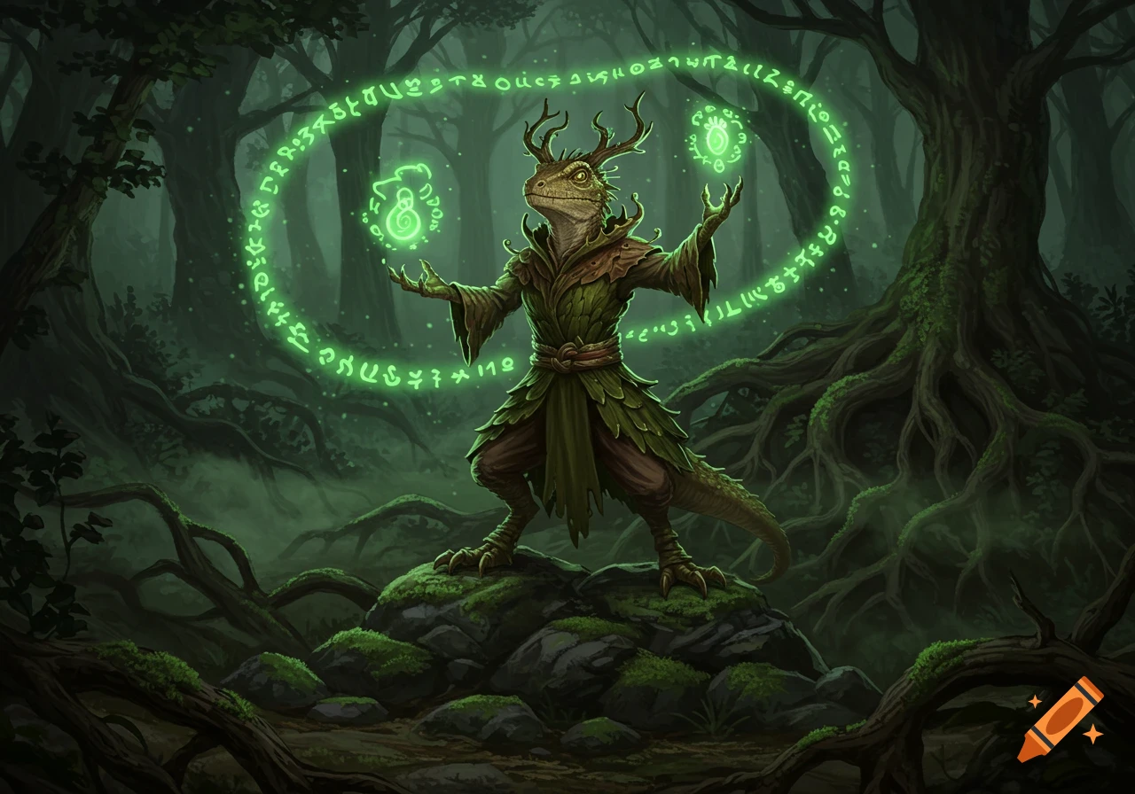 A reptilian creature with antlers and green leaf clothing casts a spell, surrounded by glowing green runes in a dark, misty forest.