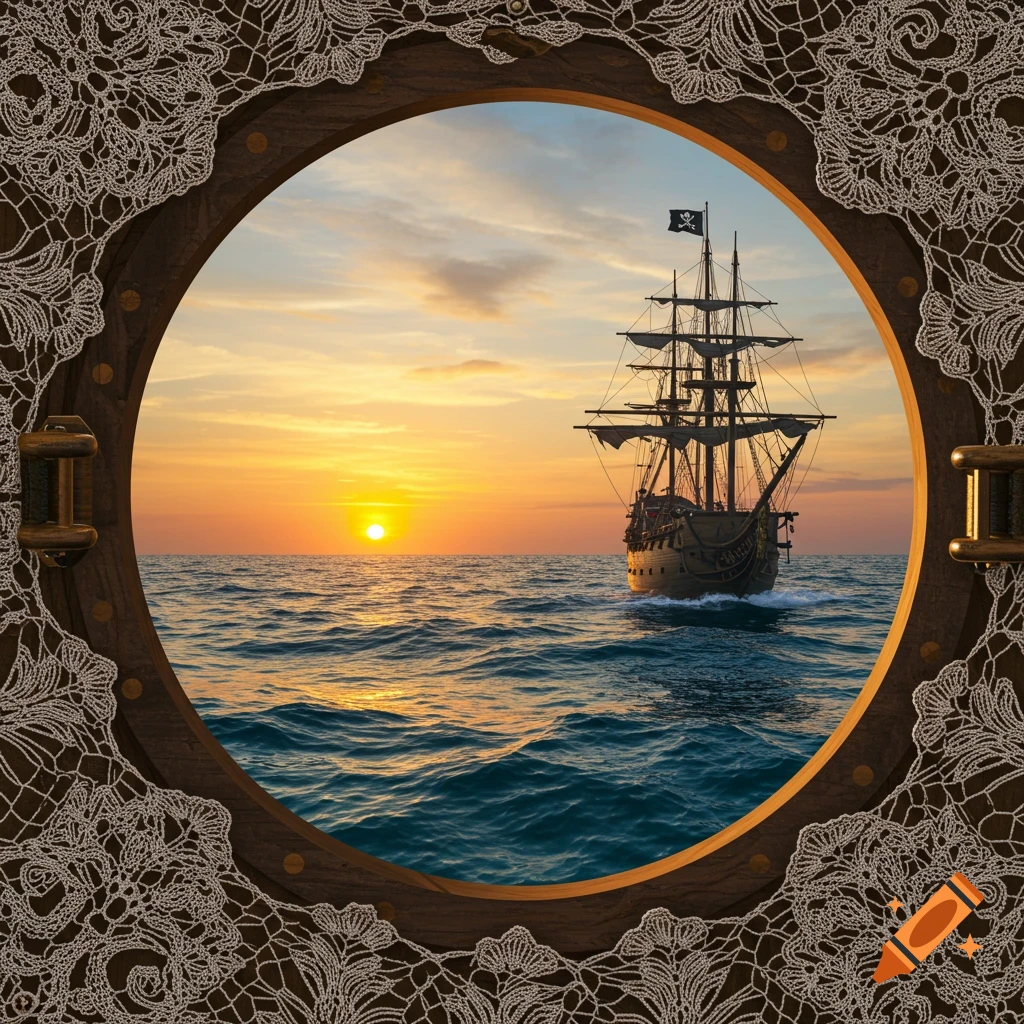 A photorealistic image of a pirate ship sailing on the ocean at sunset, viewed through a circular ship's portal with an intricate crochet border.