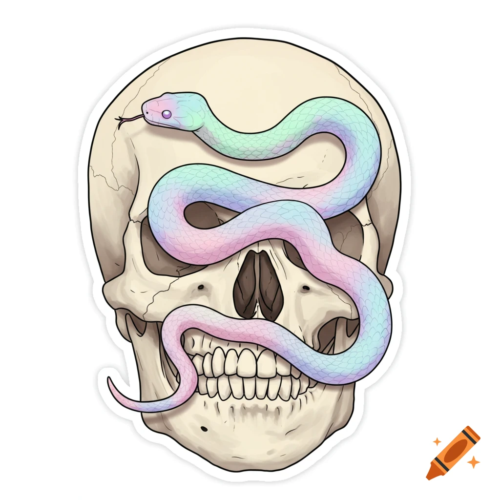 A sticker illustration of a light brown skull with a pastel rainbow-colored snake wrapped around it, emerging from the eye sockets.