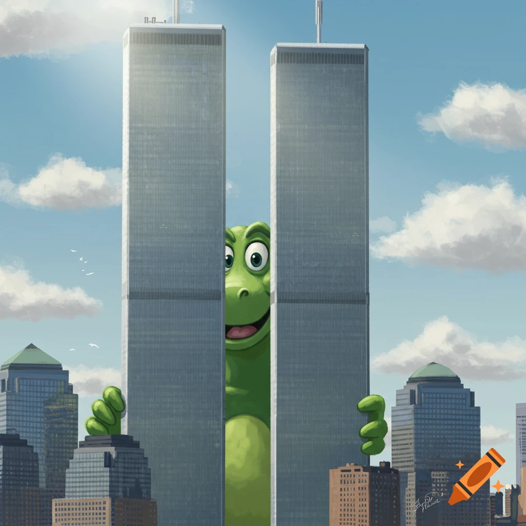 A cartoon green dinosaur with big eyes, resembling Reptar, peeks from between the Twin Towers in a city skyline illustration.