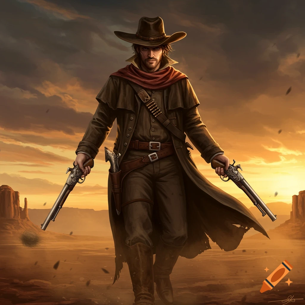 A rugged male gunslinger in a cowboy hat and long coat stands in a desert, holding two pistols against an orange sunset sky.