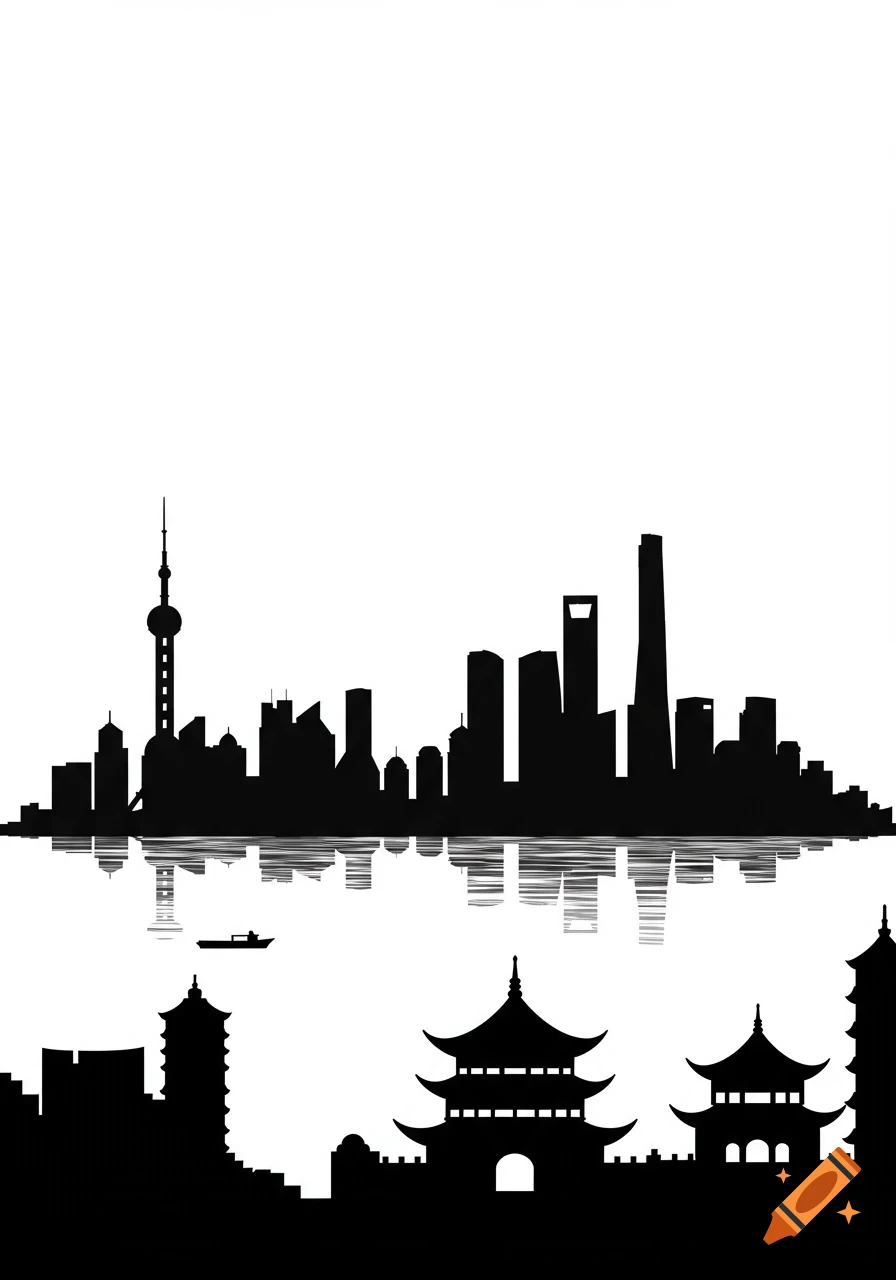 Black and white silhouette of the Shanghai skyline with modern skyscrapers, water reflections, and traditional Chinese architecture.