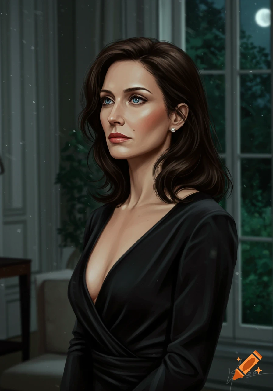 Digital painting of an elegant woman with dark hair and blue eyes in a black dress, looking left, in a moonlit room.