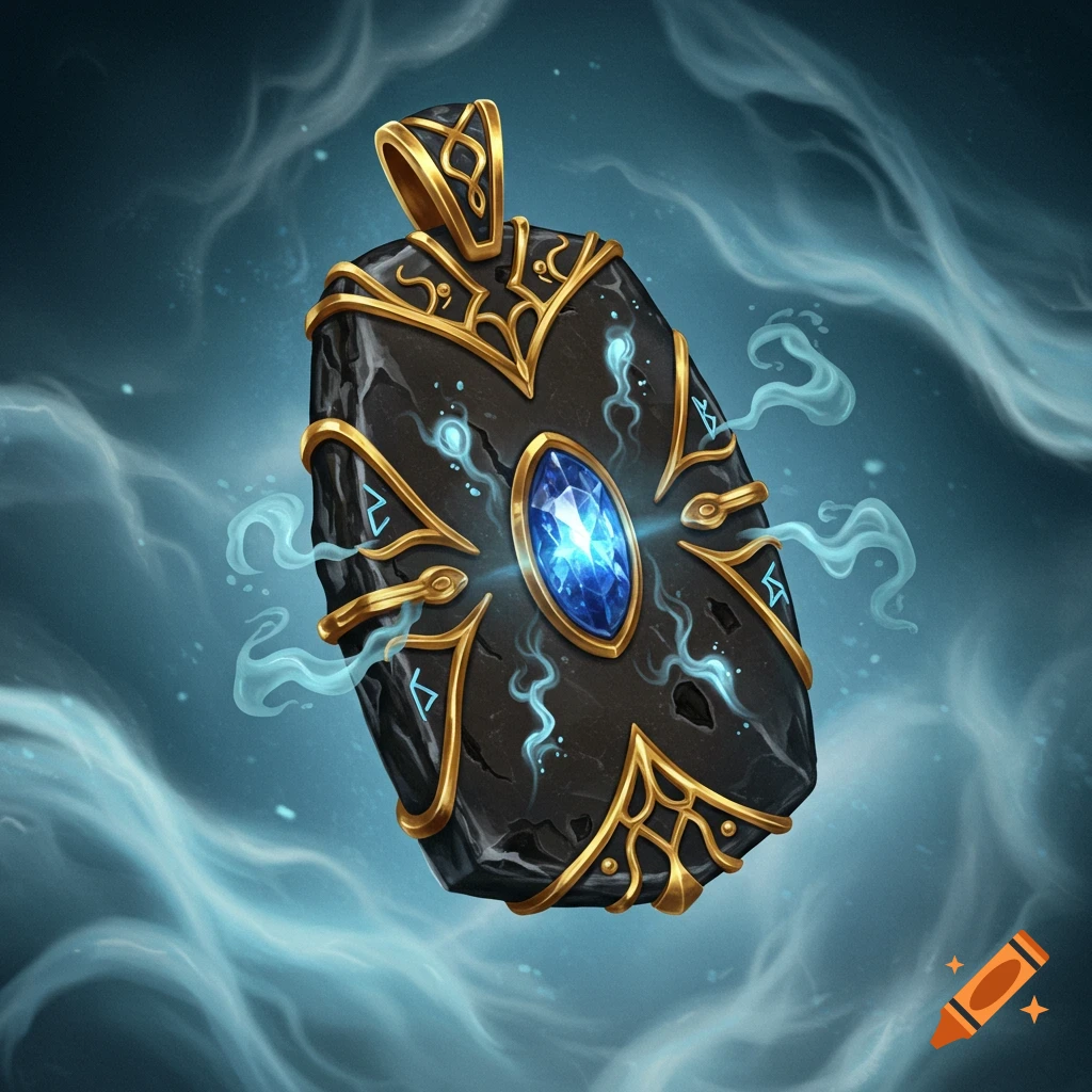 A stylized black stone pendant with intricate gold filigree and a glowing blue gem, surrounded by mystical blue smoke on a dark blue background.