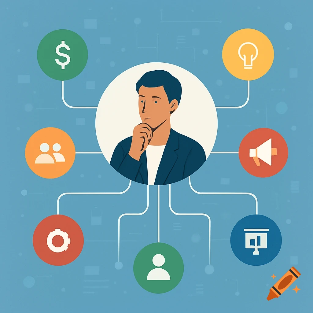 An illustration of a man thinking, surrounded by icons representing money, ideas, people, marketing, operations, and users, connected by lines.