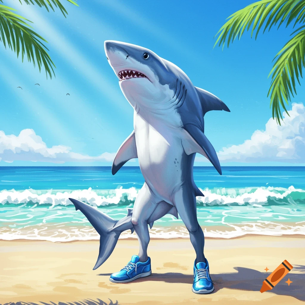 A shark with human-like legs wearing blue shoes stands on a sunny beach with palm trees.