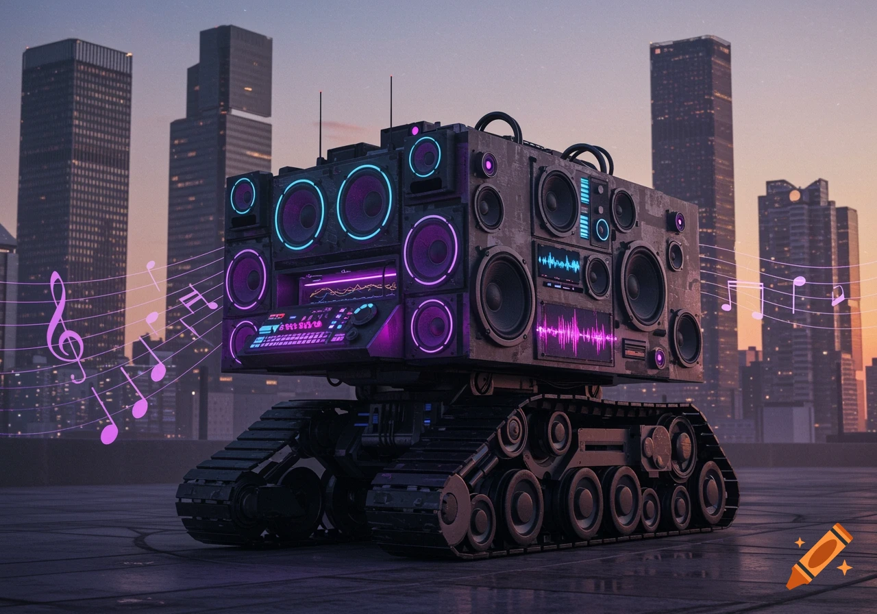 A large, futuristic speaker system robot on tank tracks sits on a rooftop with a cityscape backdrop at dusk, featuring glowing purple and blue speakers and musical notes.