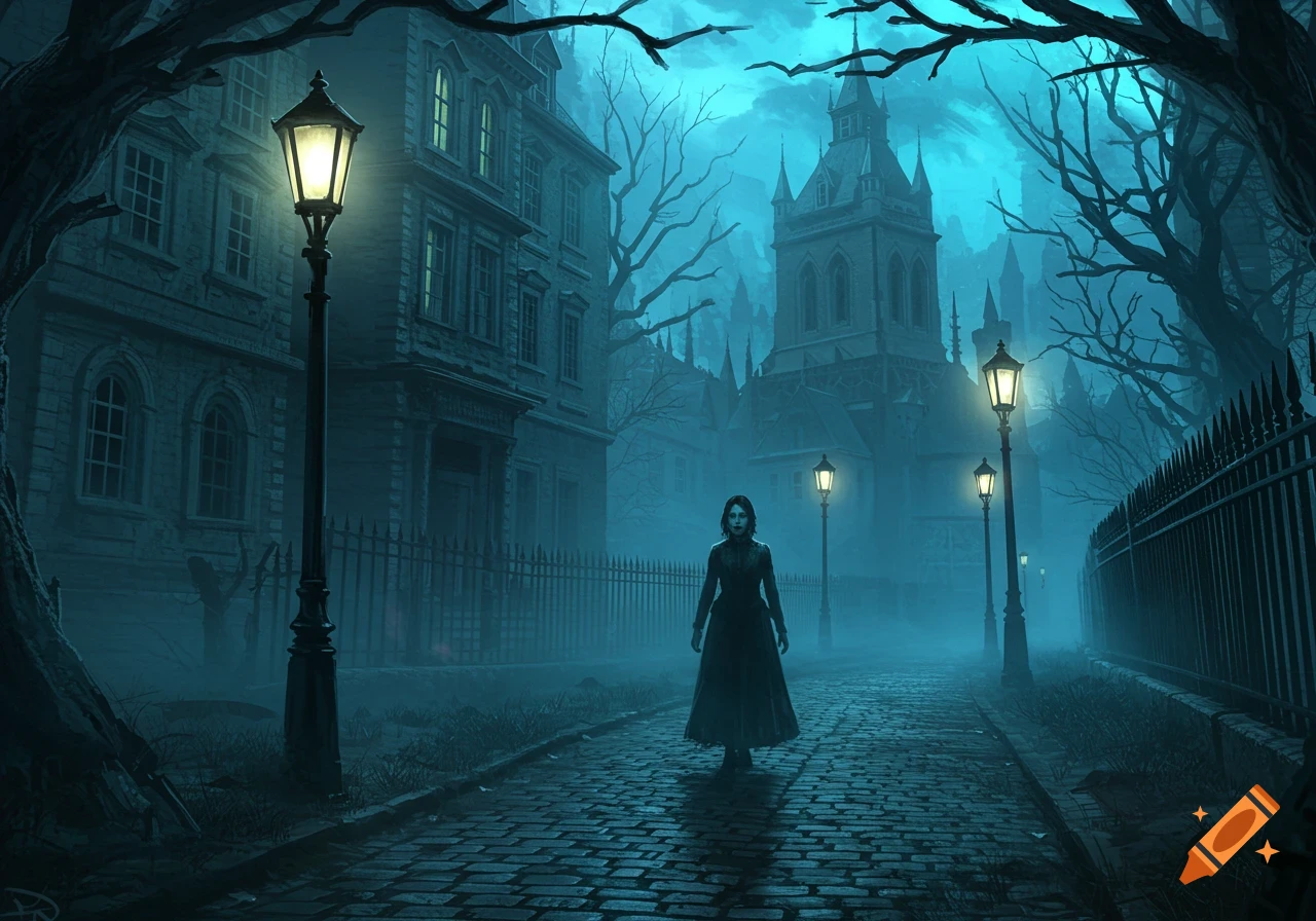A lone woman walks on a misty cobblestone street in a dark, blue-tinged Victorian city with glowing lampposts and gothic architecture.