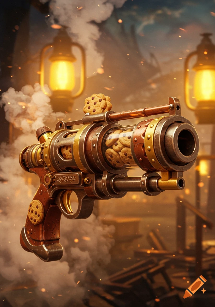 A detailed steampunk-style gun with a clear chamber filled with chocolate chip cookies, in a smoky, industrial setting.