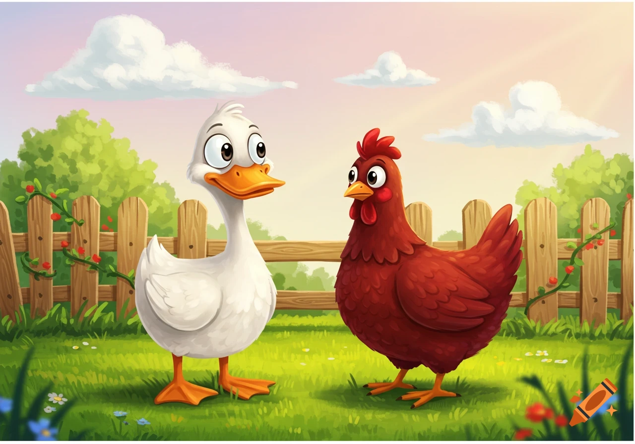 A white cartoon duck and a red cartoon chicken stand in a grassy field with a wooden fence and trees under a cloudy sky.
