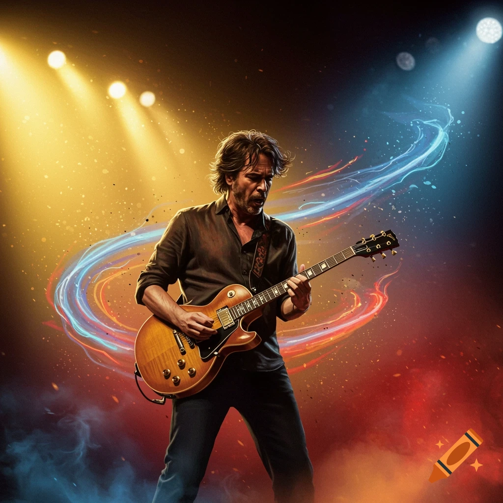 A man with a beard plays an electric guitar on a stage with dramatic golden and blue spotlights and swirling light trails.