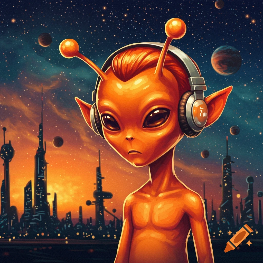 An orange alien with antennas and headphones stands in a futuristic city under a starry, cosmic sky with planets.