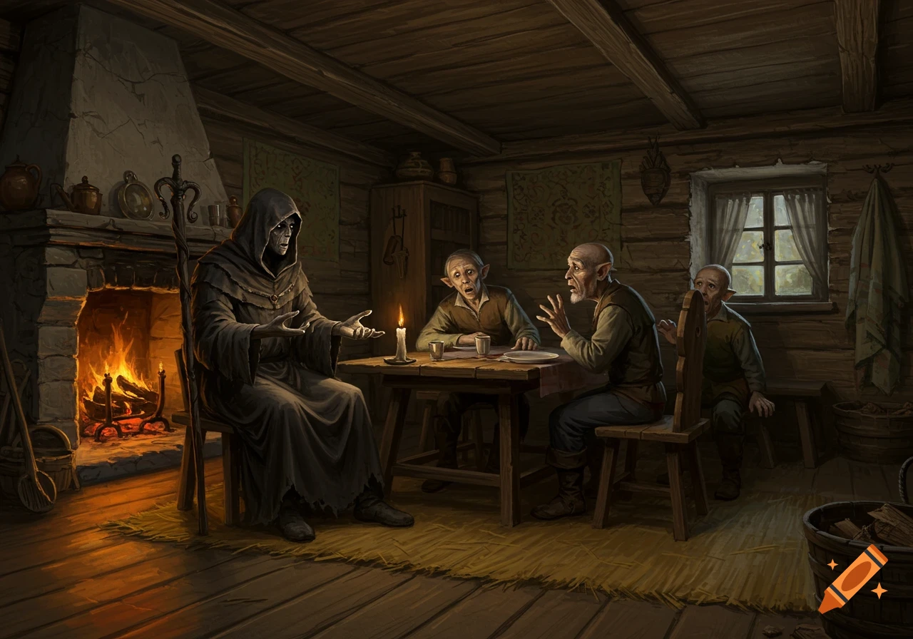 A dark hooded figure speaks to a frightened man and his family in a rustic, candlelit cottage with a roaring fireplace.