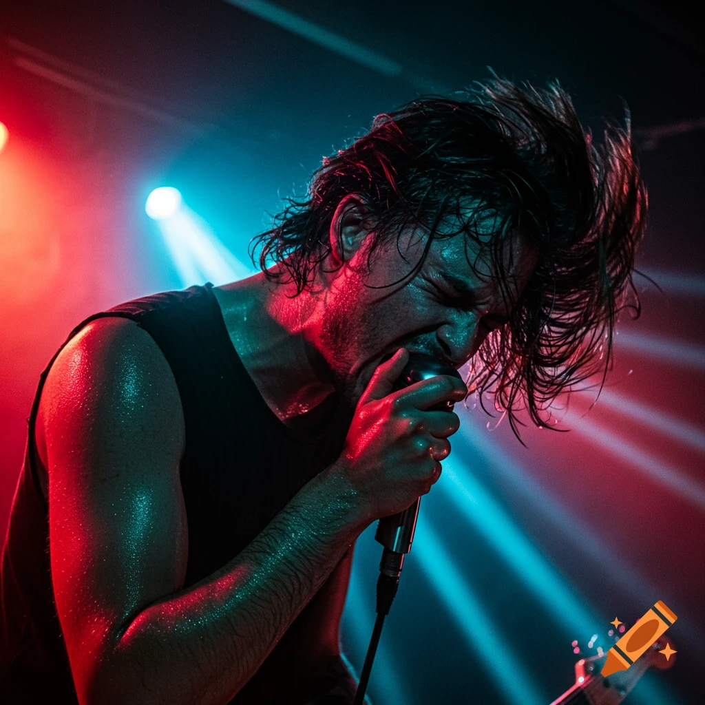A sweating male vocalist with messy hair screams into a microphone on stage, lit by red and blue lights.
