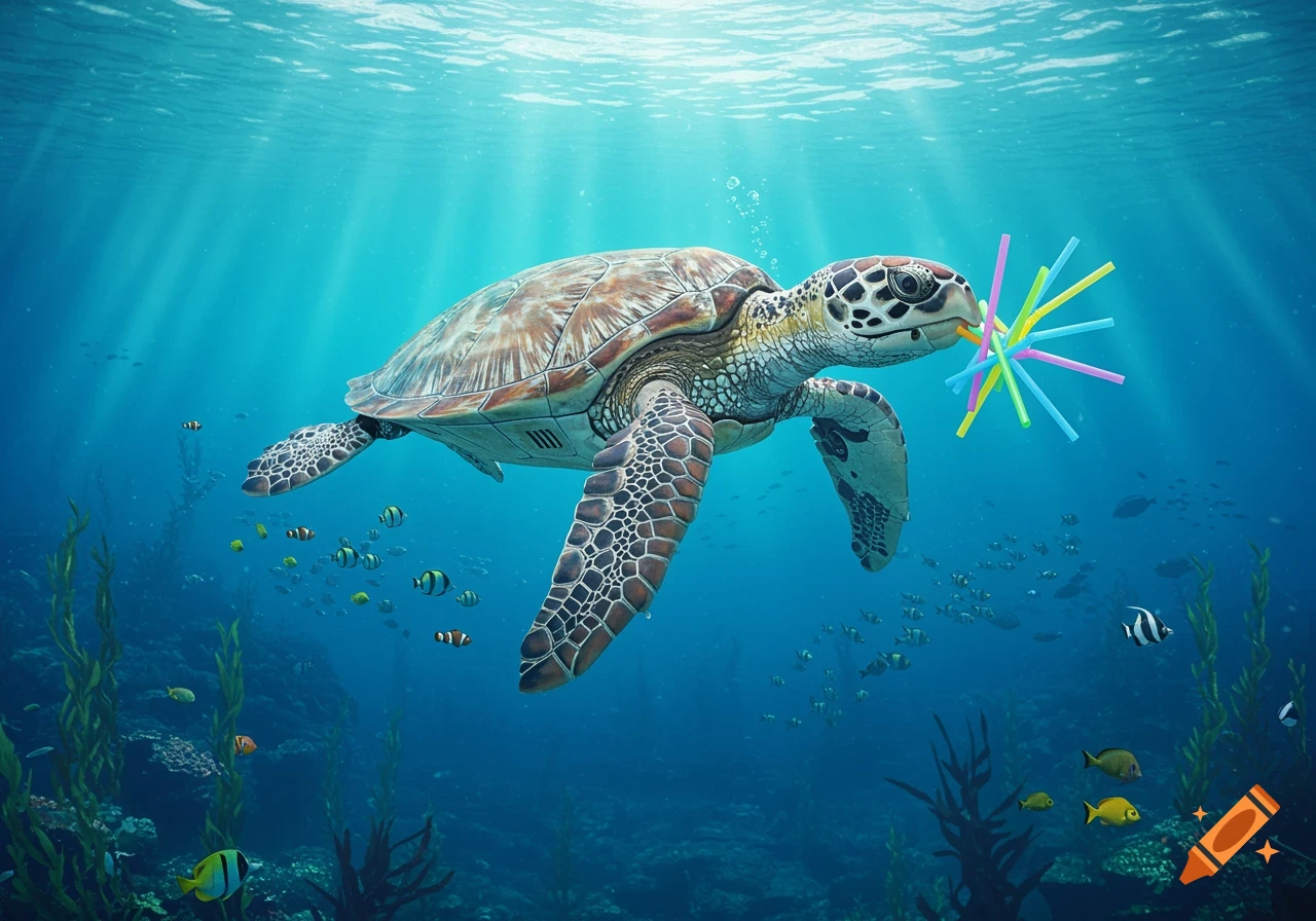 A large sea turtle swims underwater, holding a cluster of colorful plastic straws in its mouth.