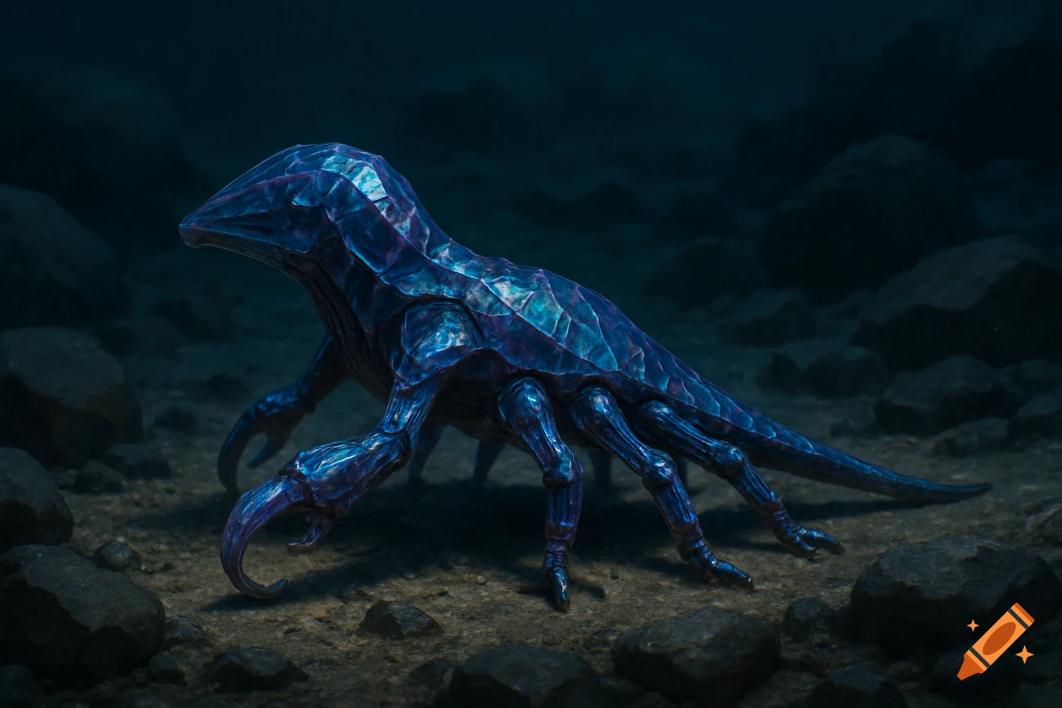 A blue and purple crystalline alien creature with multiple legs and a hooked claw rests on a rocky, dark ocean floor.