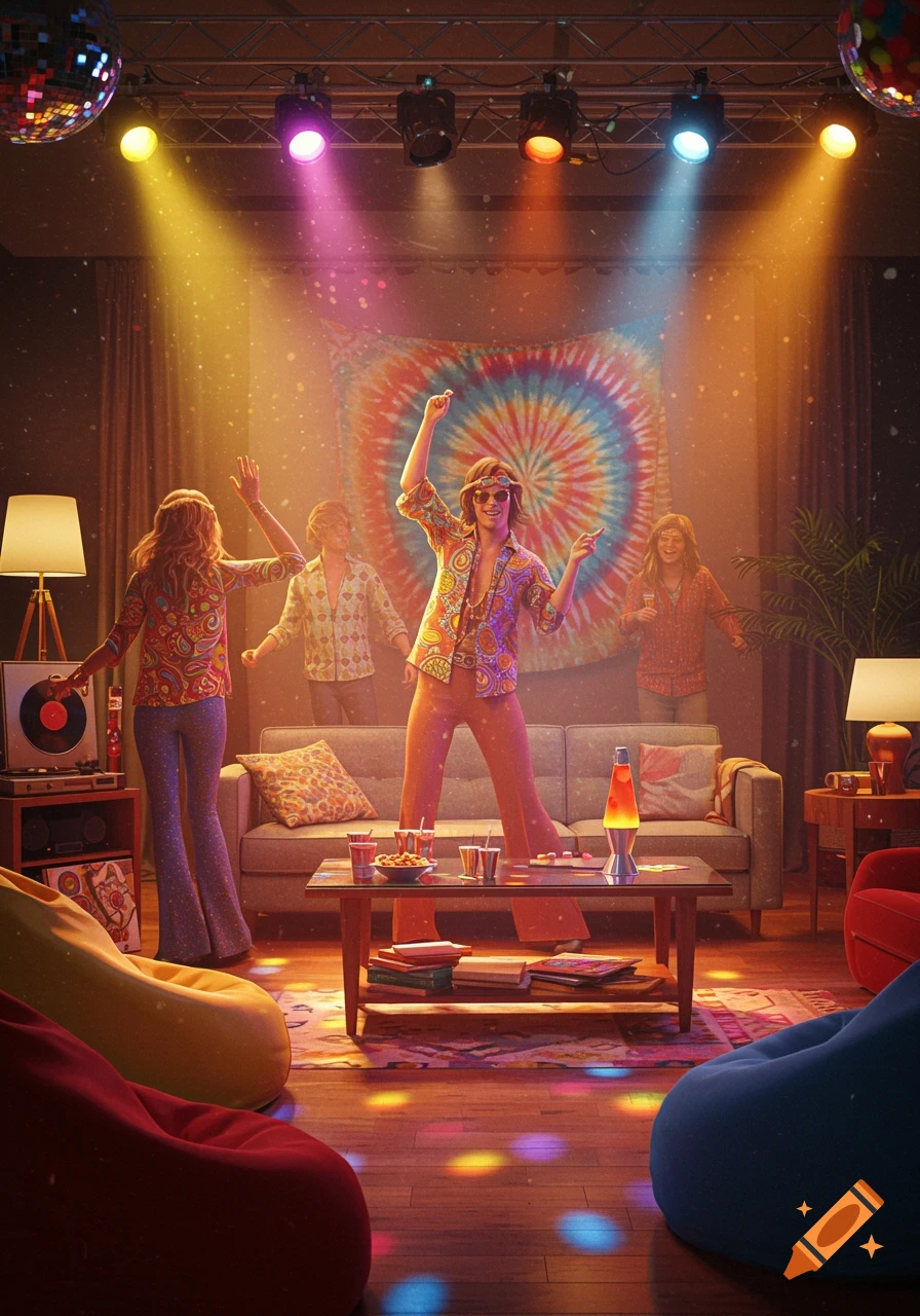 A group of people dancing at a 70s-themed disco party in a colorful living room with a disco ball and lava lamp.