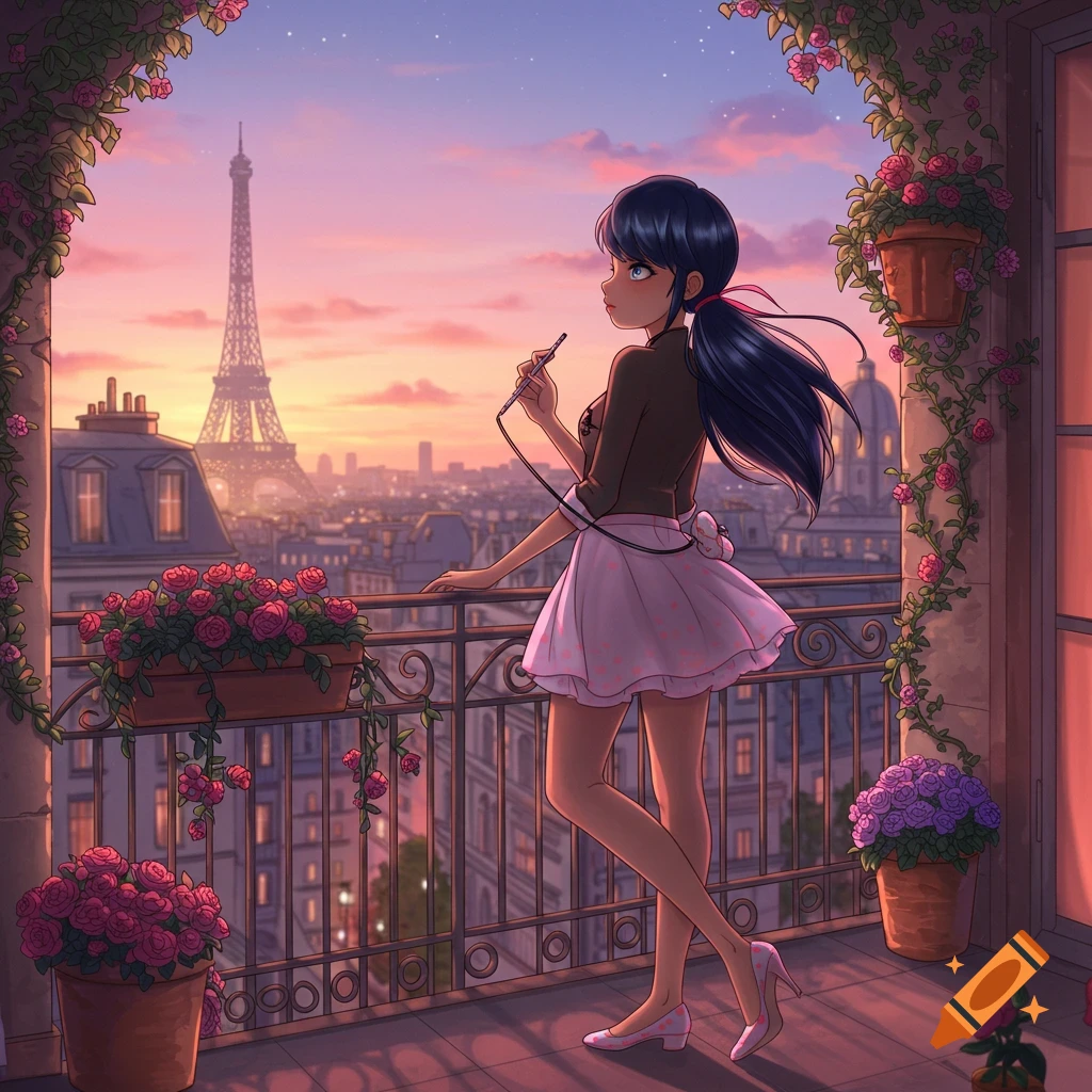 Anime girl on a balcony overlooking Paris with the Eiffel Tower at sunset, surrounded by roses.
