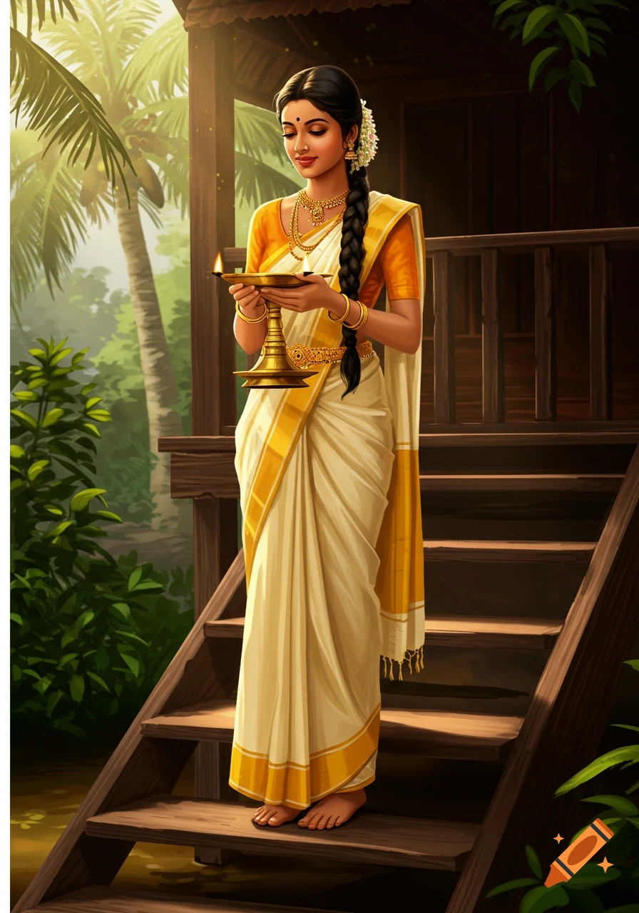 A young Kerala lady in traditional cream and gold Kasavu saree stands on steps, holding a brass lamp. Digital art.