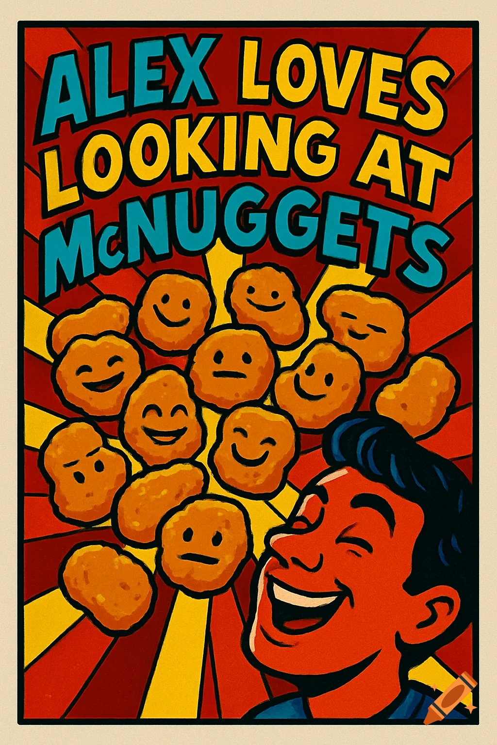 A retro-style poster showing a man smiling at a group of smiling chicken nuggets. Text reads 'ALEX LOVES LOOKING AT McNUGGETS'.